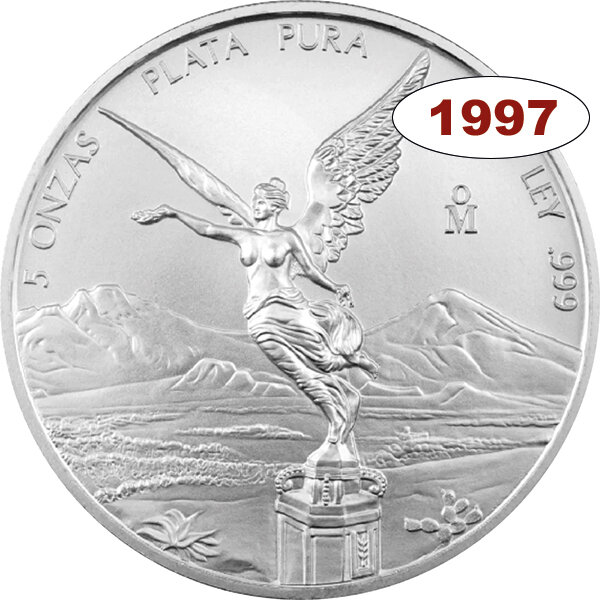 Mexiko Libertad 1997 5 oz Silber Siegesgöttin Originalfolie