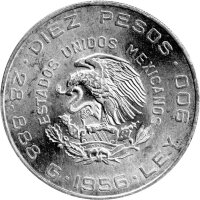 Mexiko 10 Pesos 1955-1956 - Umlaufmünze "Hidalgo" - Silber -vz