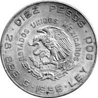 Mexiko 10 Pesos 1955-1956 - Umlaufmünze "Hidalgo" - Silber -ss