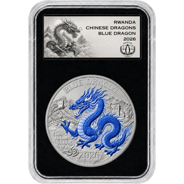 Ruanda Chinese Dragons 2026 Blue Dragon 1 oz Silber - Coloriert Porzellan
