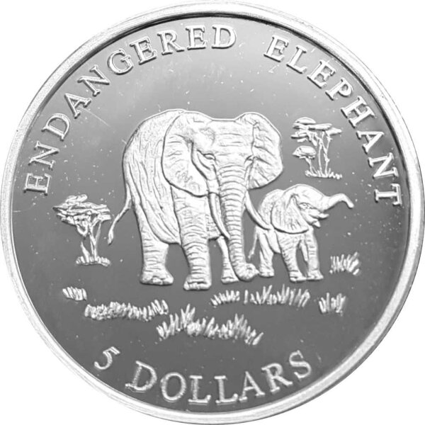 Liberia 5 Dollars 2000 - Afrikanische Elefanten - Silber PP