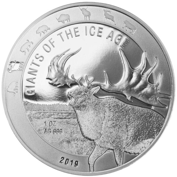 Ghana Giganten der Eiszeit 2. Ausgabe 2019 Riesenhirsch 1 oz Silber