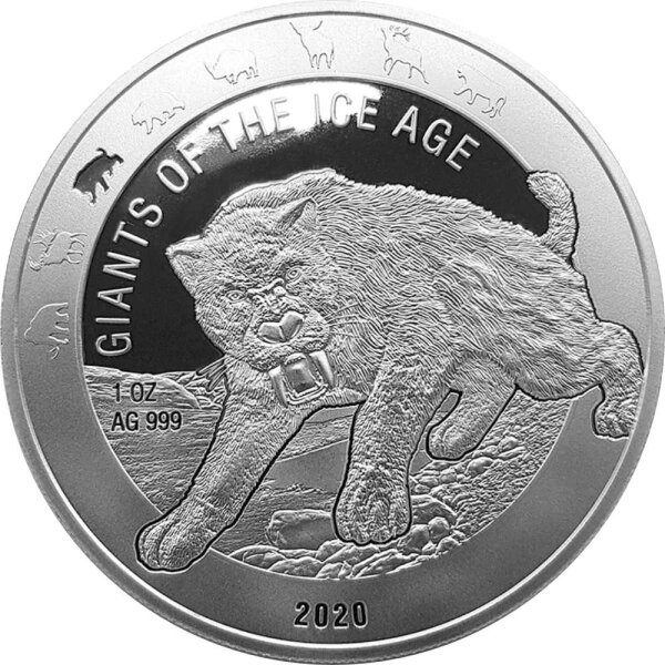 Ghana Giganten der Eiszeit 3. Ausgabe 2020 Säbelzahnkatze 1 oz Silber