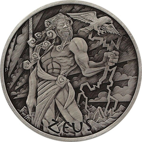 Tuvalu Olympische Götter 1. Ausgabe Zeus 2020 1 oz Silber Antik Finish