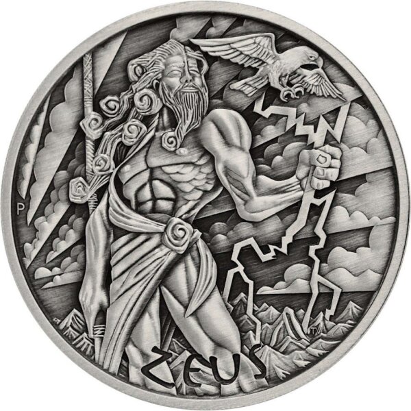 Tuvalu Olympische Götter 1. Ausgabe Zeus 2021 5 oz Silber Antik Finish