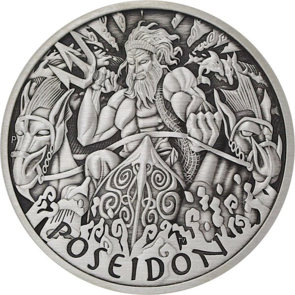 Tuvalu Olympische Götter 2. Ausgabe Poseidon 2021 5 oz Silber Antik Finish