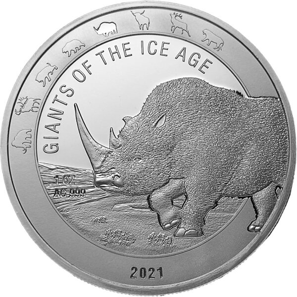 Ghana Giganten der Eiszeit 5. Ausgabe 2021 Wollnashorn 1 oz Silber