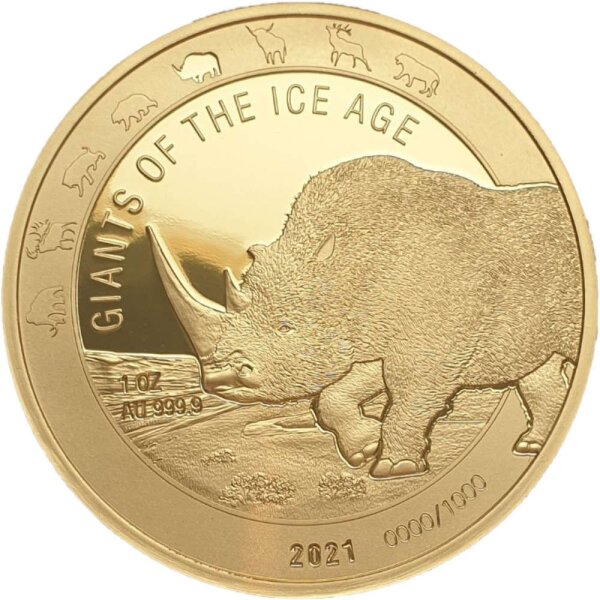 Ghana Giganten der Eiszeit 5. Ausgabe 2021 Wollnashorn 1 oz Gold