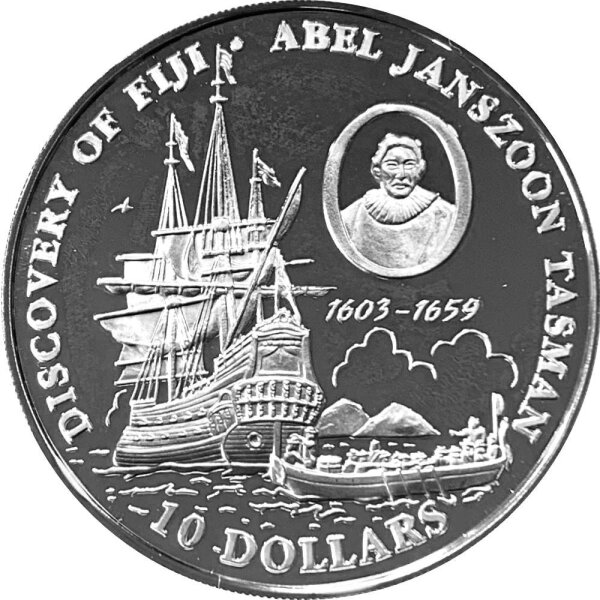 Fiji 10 Dollars 1993 - Entdeckung der Fiji Inseln - "Abel Janszoon Tasman" - Silber PP