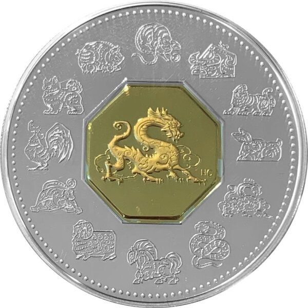 Kanada 15 Dollars 2000 Lunar Jahr des Drachen - Polierte Platte, Teilvergoldet