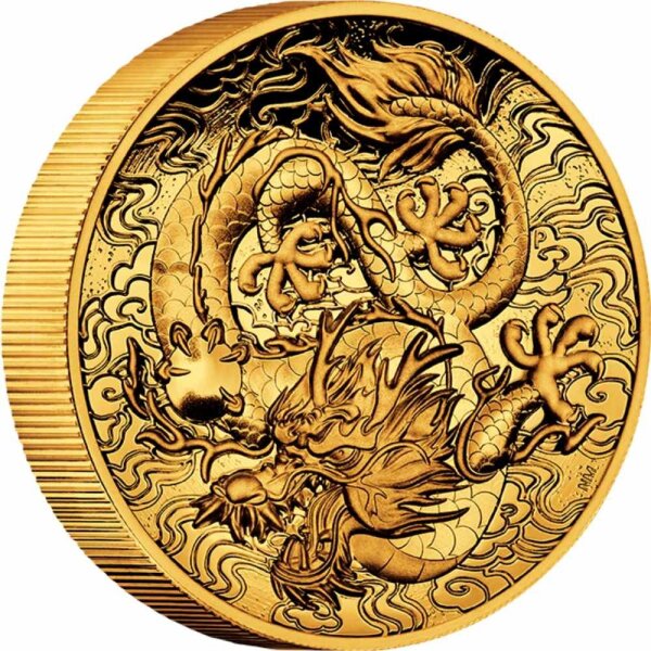 Australien Drachenserie 2021 Drache 2 oz Gold - High Relief Polierte Platte | Chinesische Mythen und Legenden