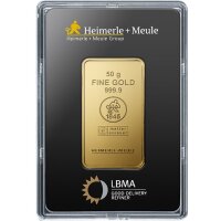 50 Gramm Goldbarren Heimerle & Meule geprägt | Neuware LBMA