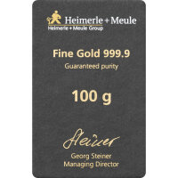 100 Gramm Goldbarren Heimerle & Meule gegossen | Neuware LBMA