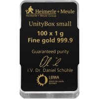 100 x 1 Gramm Goldbarren Heimerle & Meule UnityBox | Neuware LBMA