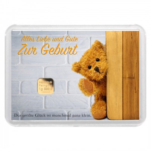 Geschenkbarren "Zur Geburt - Teddybär" 1 Gramm Gold