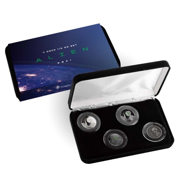 Ghana Alien 2021 4 x 1/2 oz Silber Set - Bullion, Antik, Rhodium, Proof