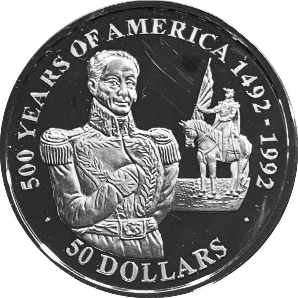 Cook Islands 50 Dollars 1990 Simon Bolivar - Silber PP