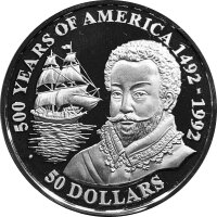 Cook Islands 50 Dollars 1990 - Sir Francis Drake - Silber PP