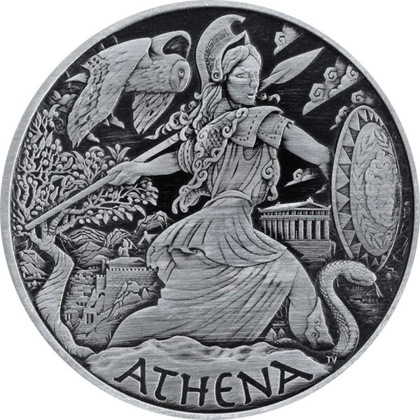 Tuvalu Olympische Götter 5. Ausgabe Athena 2022 1 oz Silber Antik Finish