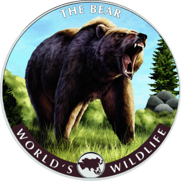 Kongo World´s Wildlife 4. Ausgabe 2022 Bär 1 oz Silber | The Bear - Farbapplikation