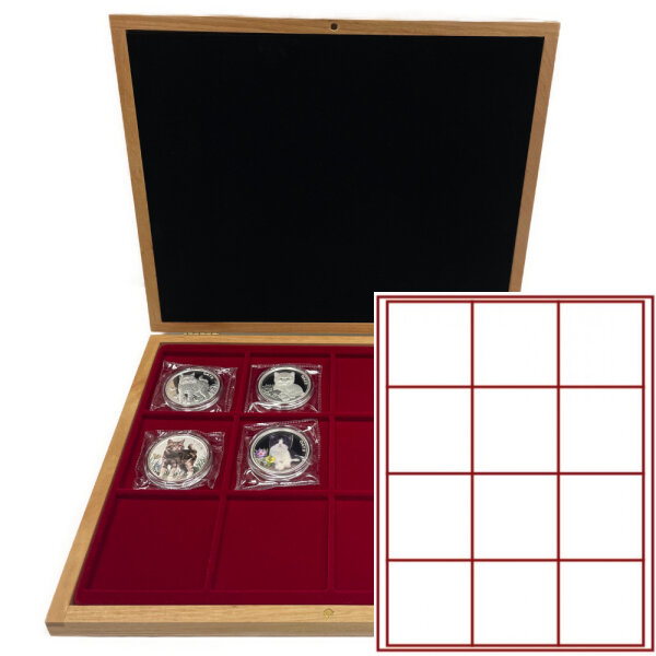 Münzkassette MERKUR Echtholz lackiert - rechteckig - 66x66 mm - 12 Felder - 2712